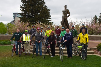 The group posing in front of Sparty, spring 2015 Tour de MSU